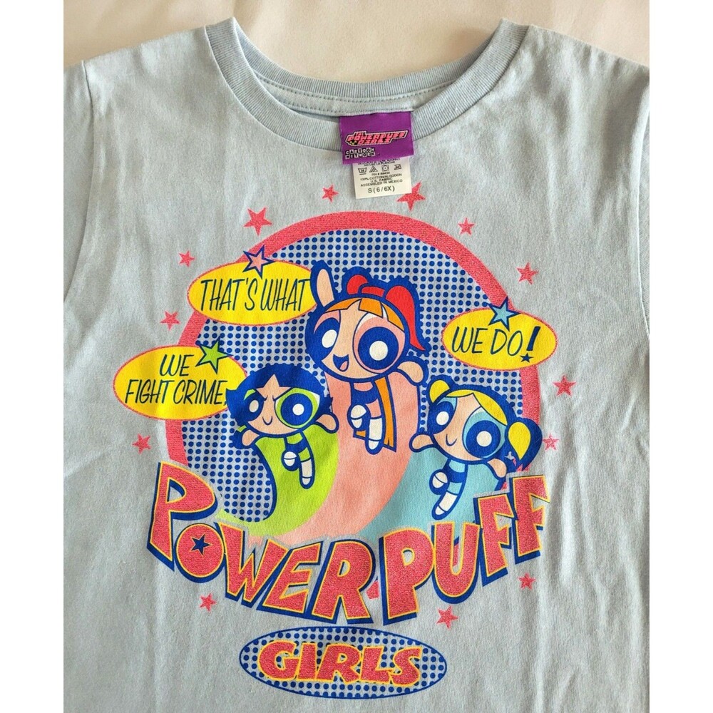 NWOT Vintage 2001 Powerpuff Girls Cartoon Network Baby Blue Graphic Tee